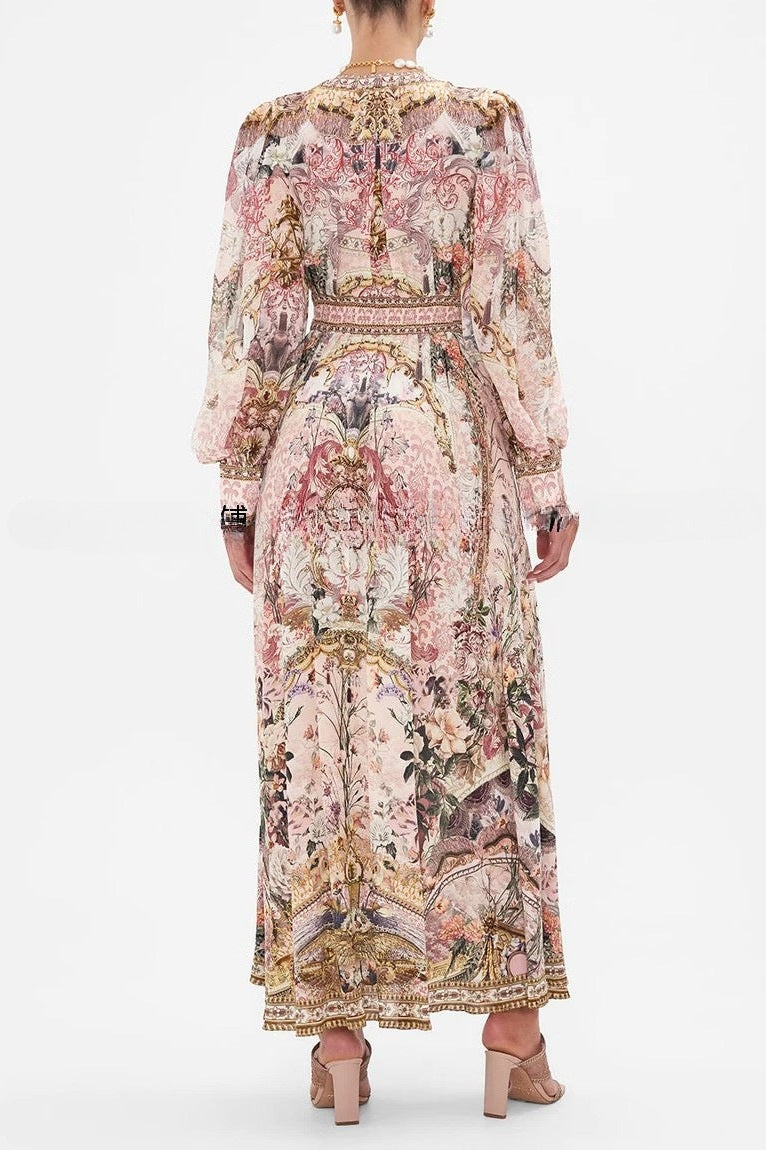 Vintage Heritage Print High-Waisted Resort Full-Sweep Maxi Dress
