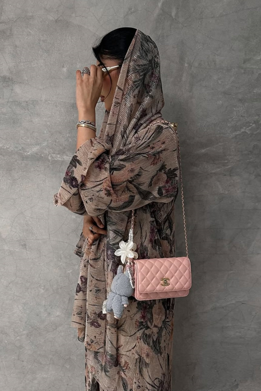 Floral Print Sheer Open Abaya & Matching Hijab Set