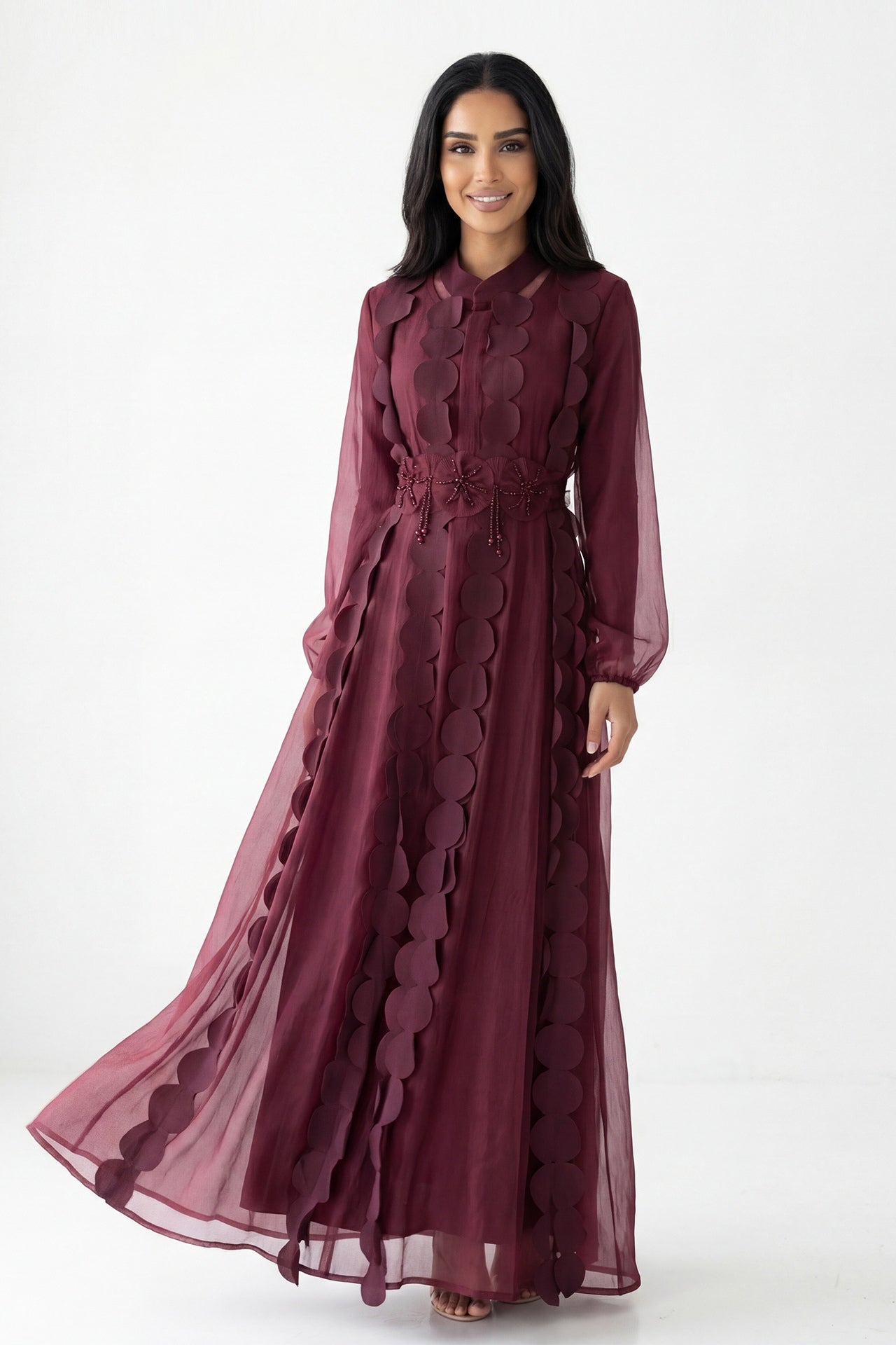 2-Piece Textured Circle Patchwork Abaya Set-Wine