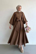 Lantern Sleeve Tunic & Full-Sweep Maxi Skirt Elegant Set-Brown