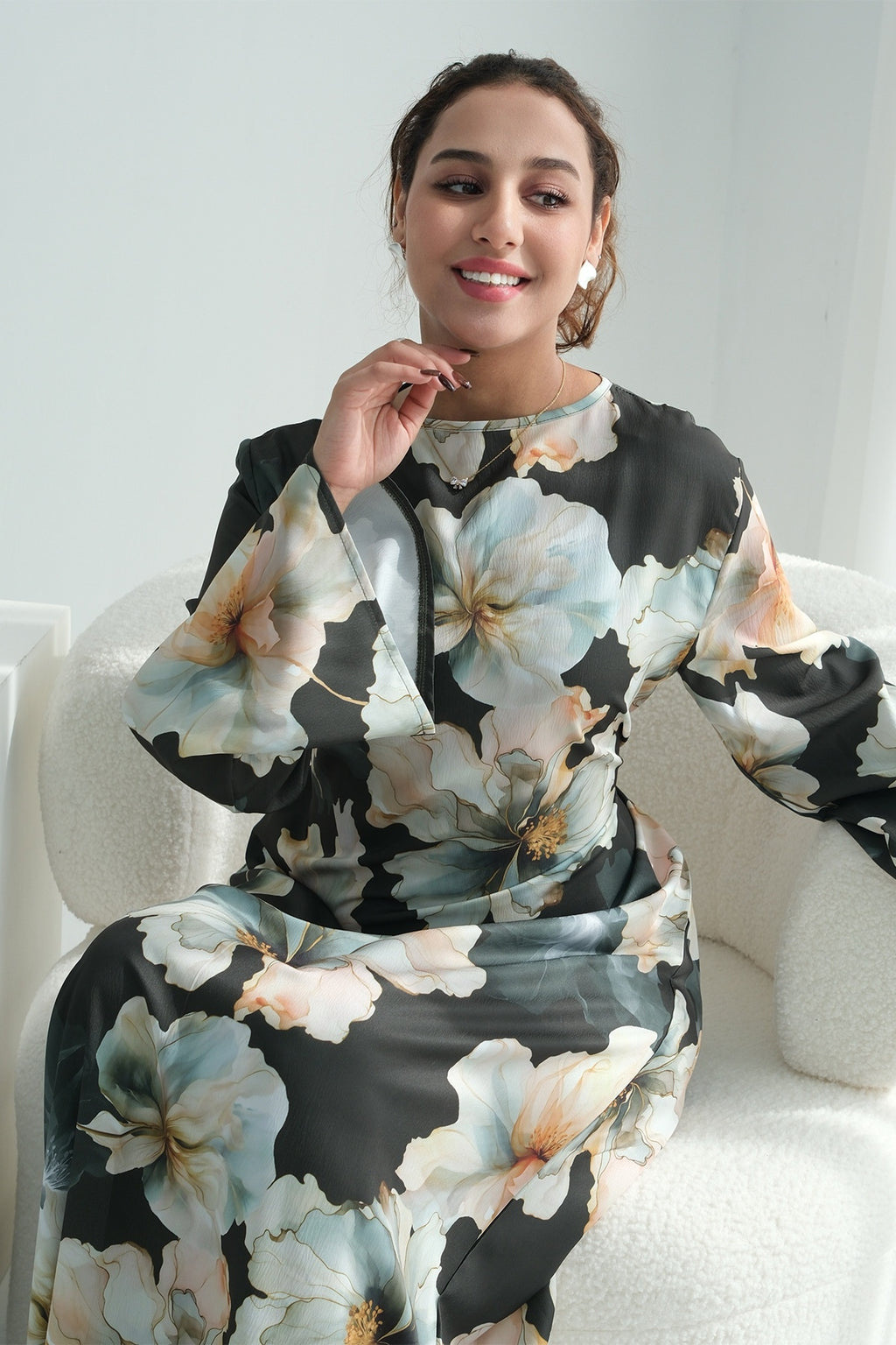 Large Floral Print Bell Sleeve Maxi Dress-Green