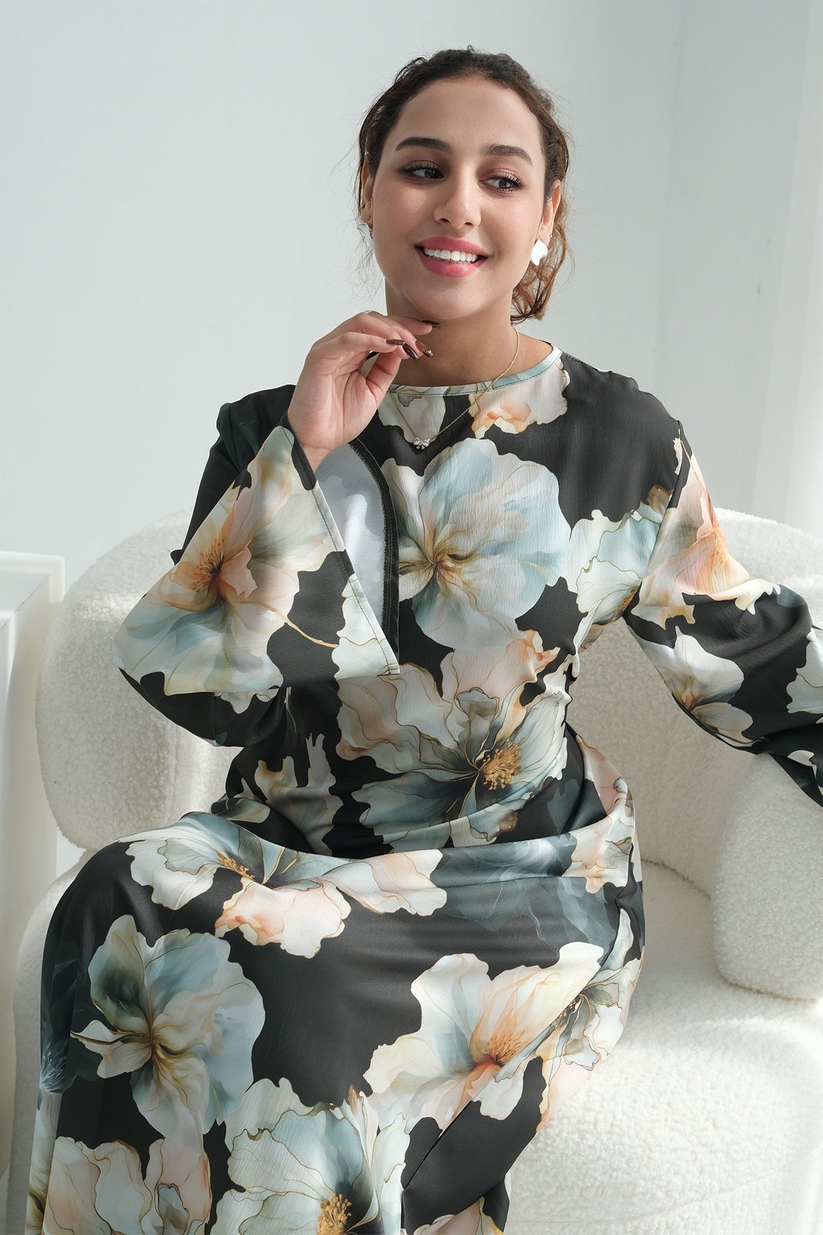 Large Floral Print Bell Sleeve Maxi Dress-Green