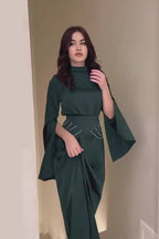 Rana Split Flare Sleeve Rhinestone Waist Maxi Dress-Green