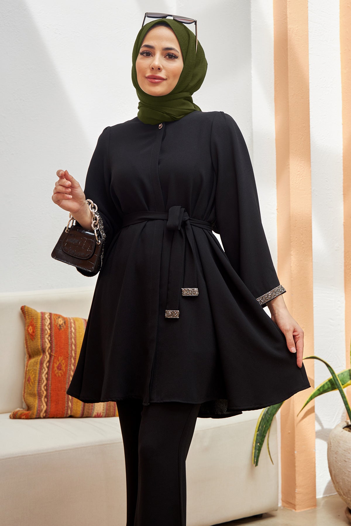 Glistening Rhinestone Modest Top & Flared Pant Set-Black