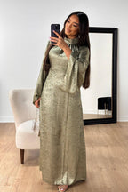 Celeste Pleated Neck Satin Maxi Dress-Green