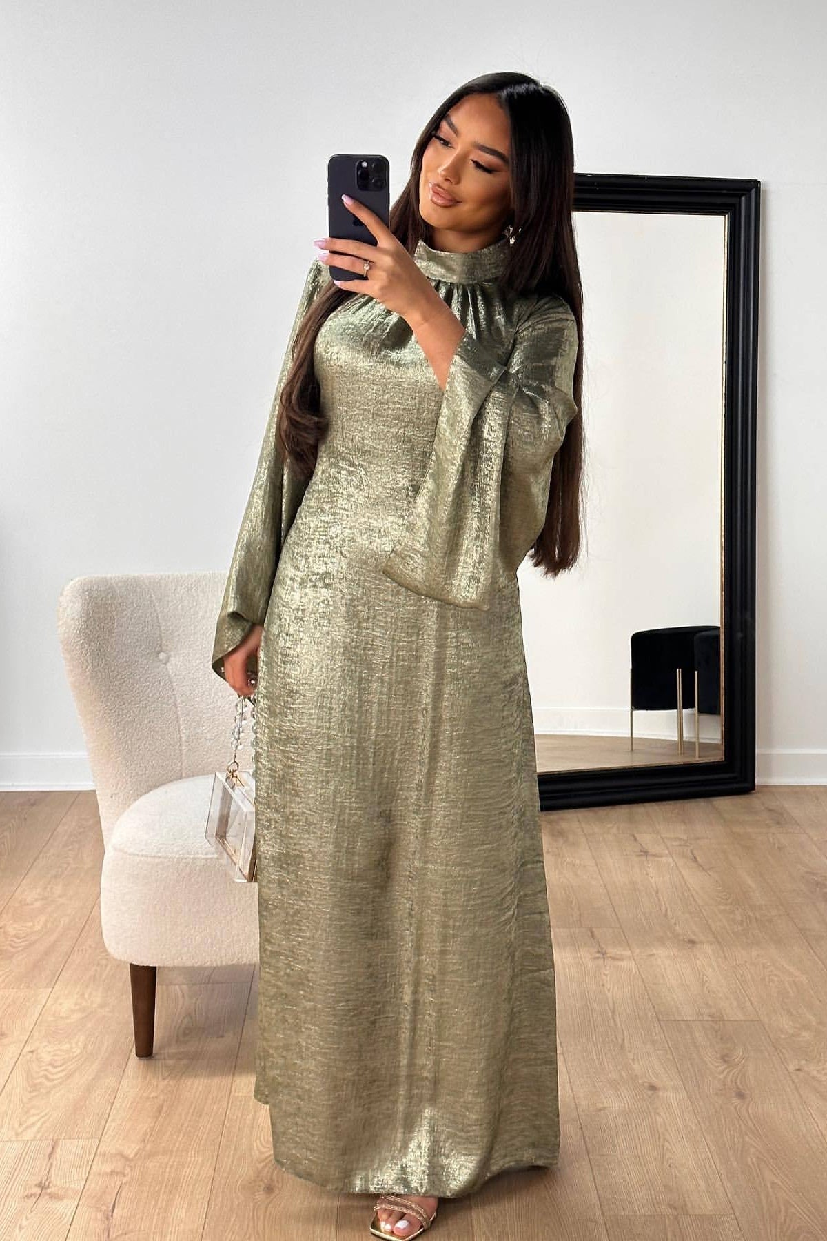 Celeste Pleated Neck Satin Maxi Dress-Green