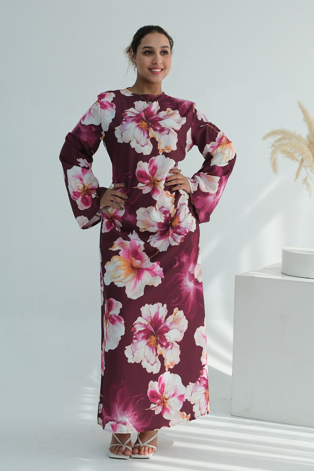 Large Floral Print Bell Sleeve Maxi Dress-Wine
