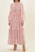 Pearl-Embellished Layered Ruffle Maxi Dress with Mandarin Lace Collar