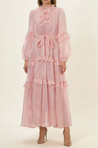 Pearl-Embellished Layered Ruffle Maxi Dress with Mandarin Lace Collar