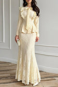 Lace Ruffle Peplum Mermaid Skirt Set-Yellow