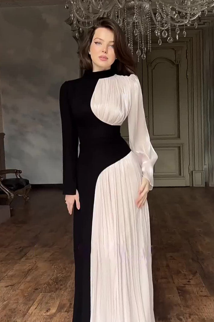 Two-Tone Asymmetrical High-Neck Maxi Dress-Black