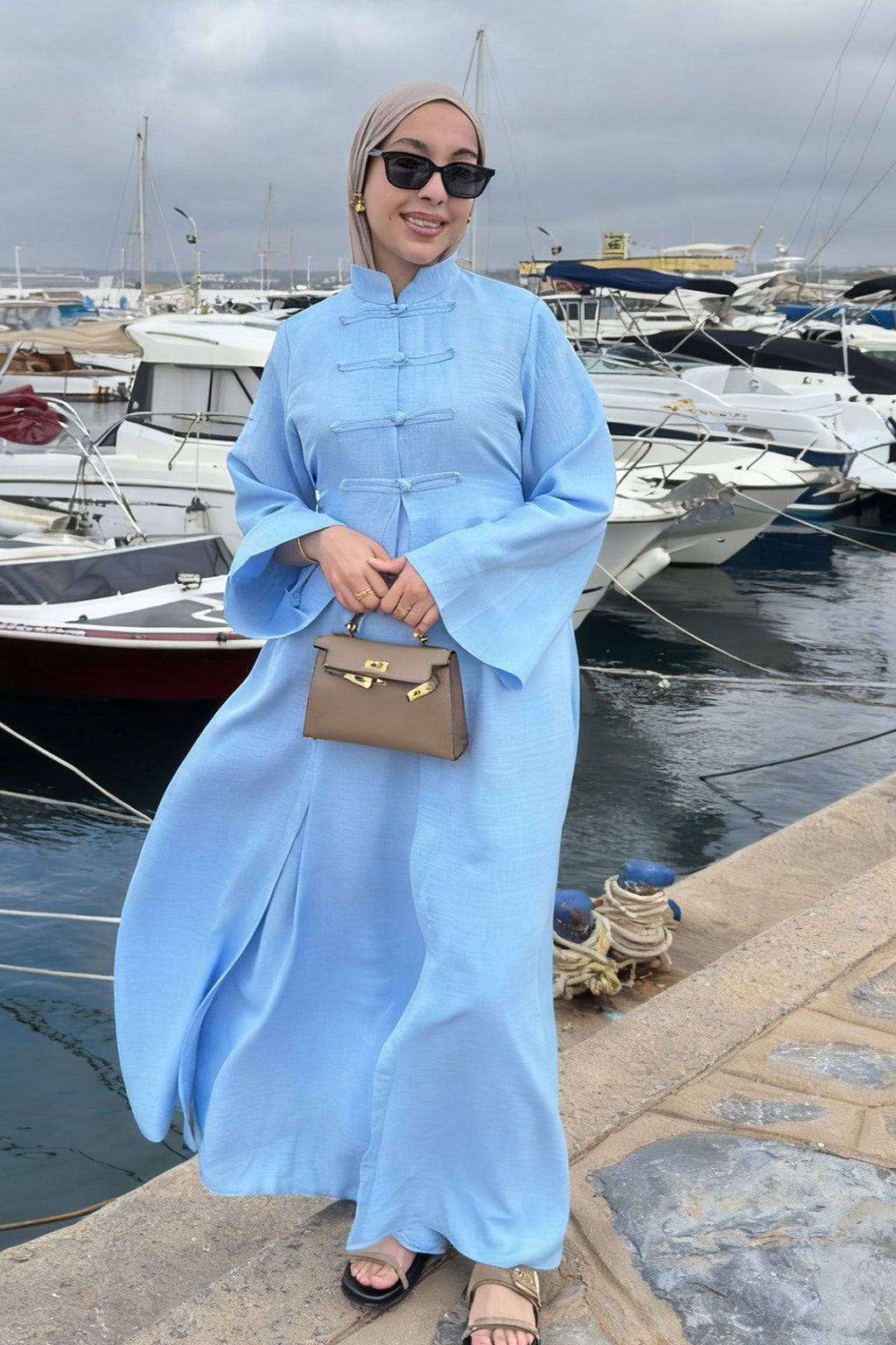 Mandarin Collar Modest Two-Piece Abaya Set-Blue