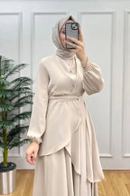 Asymmetrical Wrap Tunic & Wide-Leg Trouser Chiffon Set-Apricot