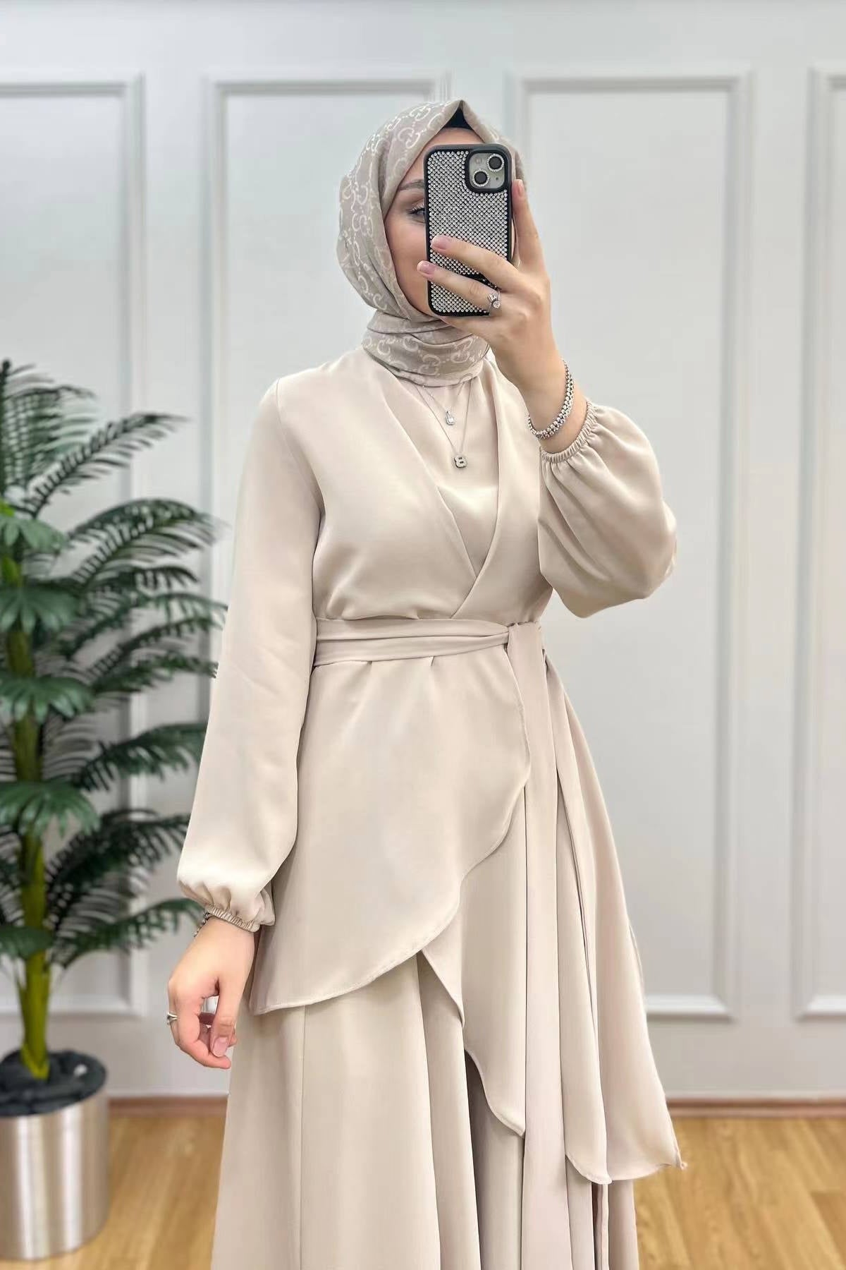 Asymmetrical Wrap Tunic & Wide-Leg Trouser Chiffon Set-Apricot