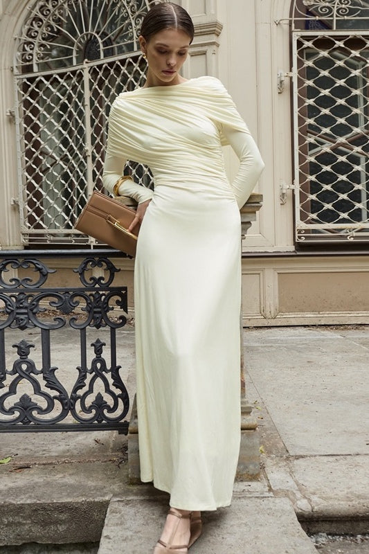 Draped Long-Sleeve Maxi Dress-White