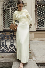 Draped Long-Sleeve Maxi Dress-White