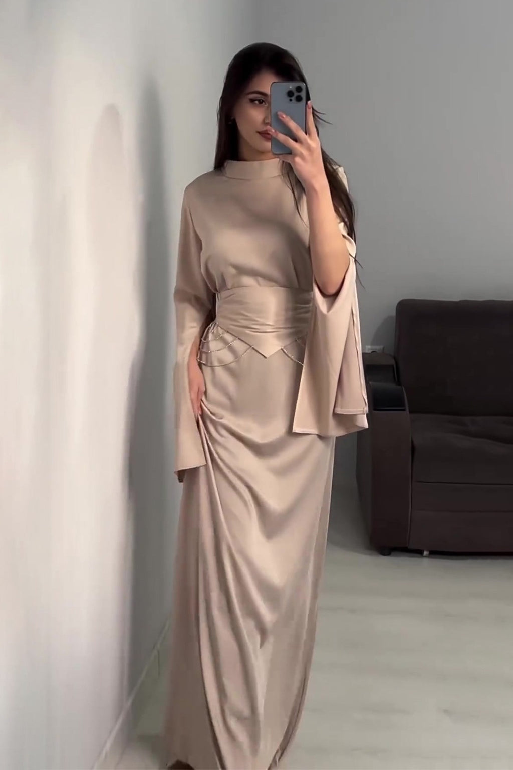 Rana Split Flare Sleeve Rhinestone Waist Maxi Dress-Beige