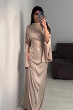 Rana Split Flare Sleeve Rhinestone Waist Maxi Dress-Beige