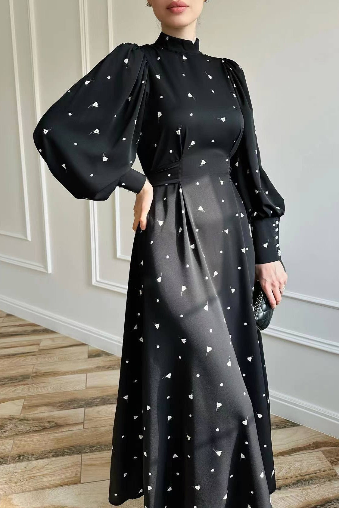 Mock Neck Polka Dot Puff Sleeve Maxi Dress