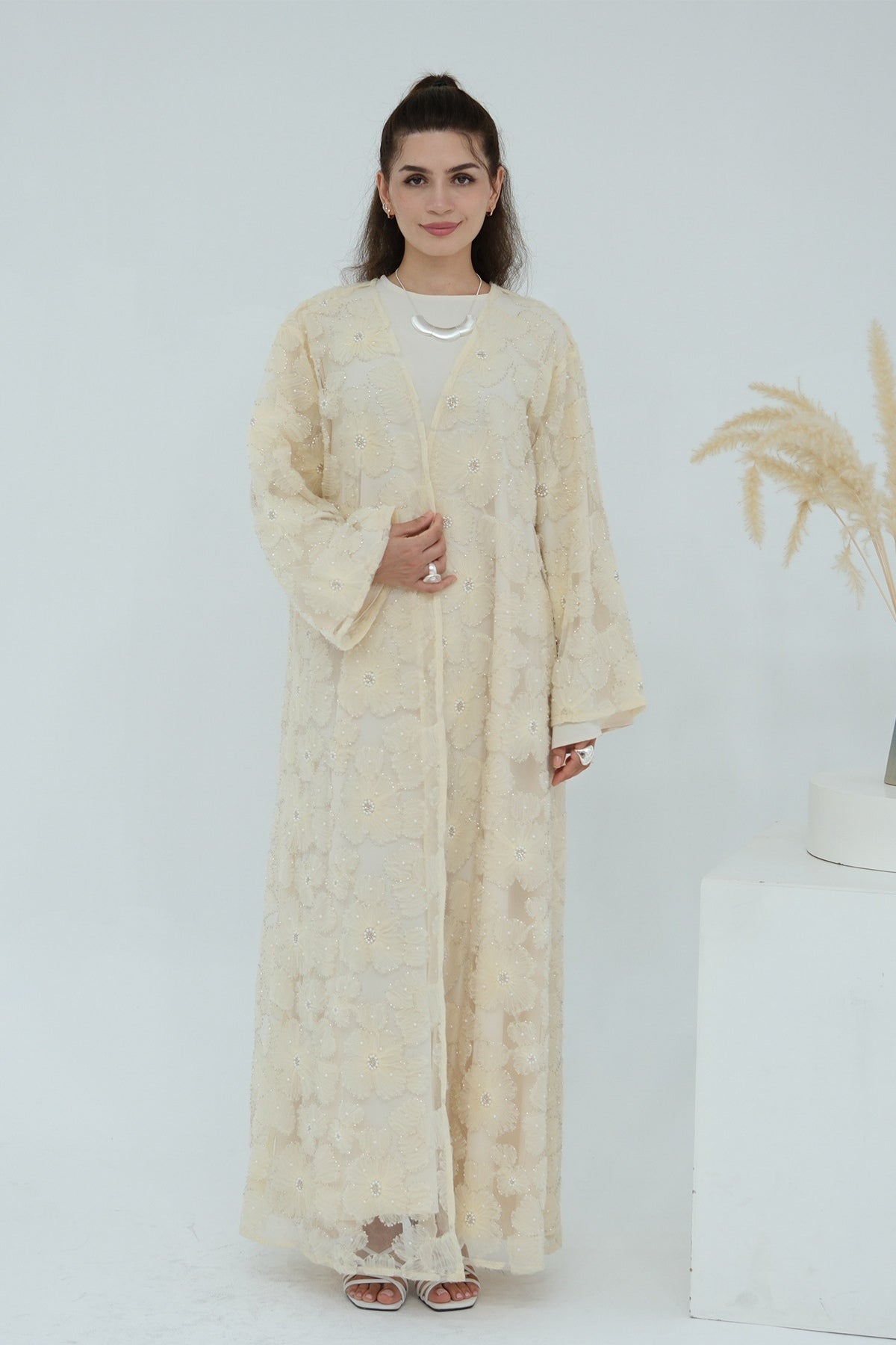 Hand-Beaded Floral Mesh Abaya Two-Piece Set-Apricot