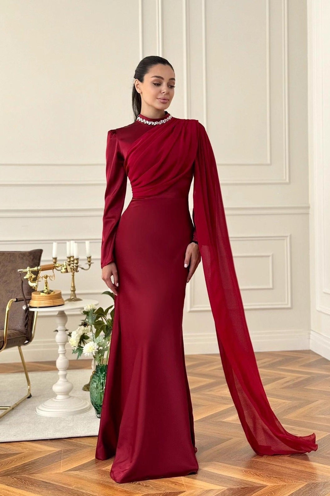 Slim-Fit Long Sleeve Luxury Evening Maxi Dress-Red