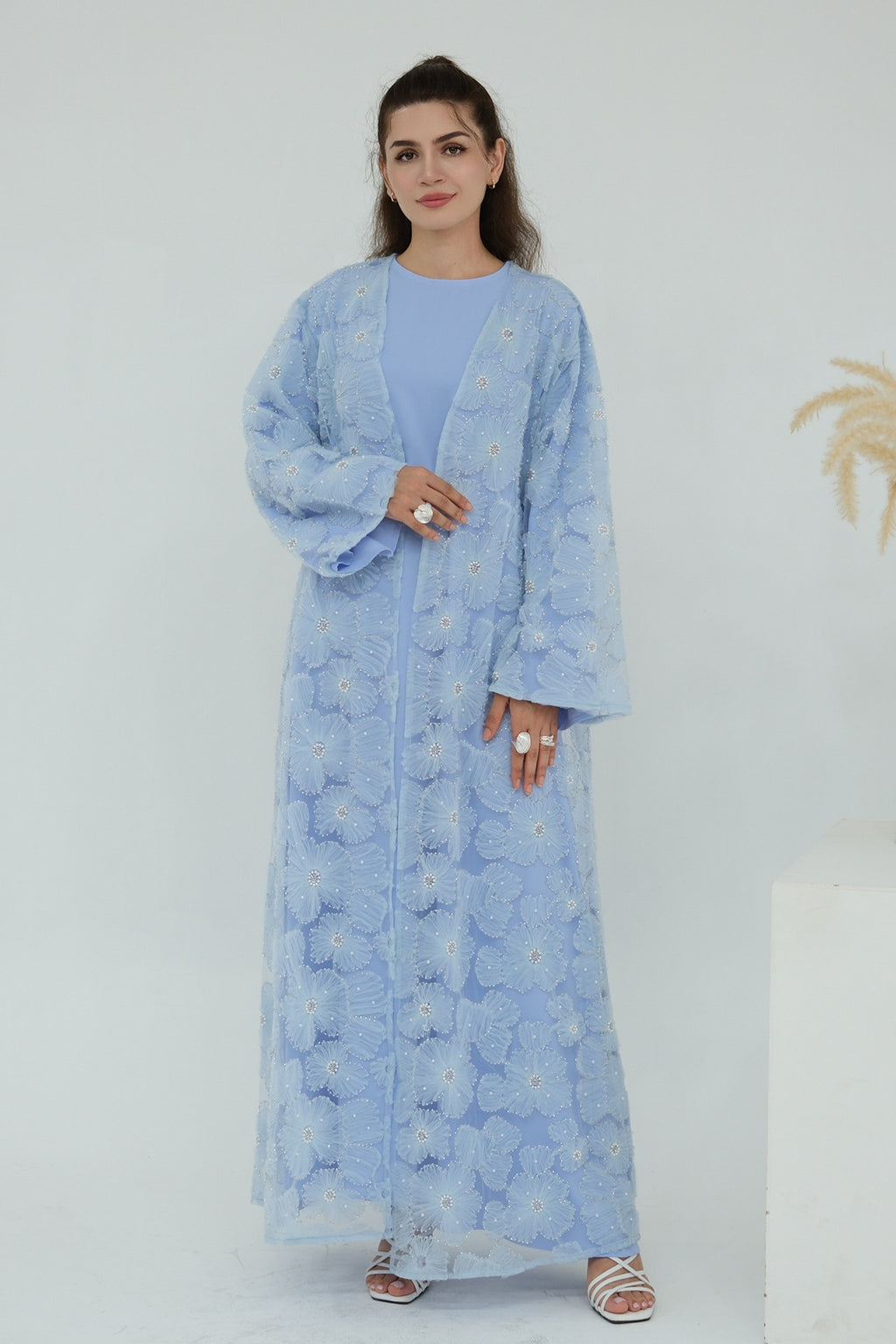 Hand-Beaded Floral Mesh Abaya Two-Piece Set-Blue