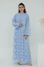Hand-Beaded Floral Mesh Abaya Two-Piece Set-Blue