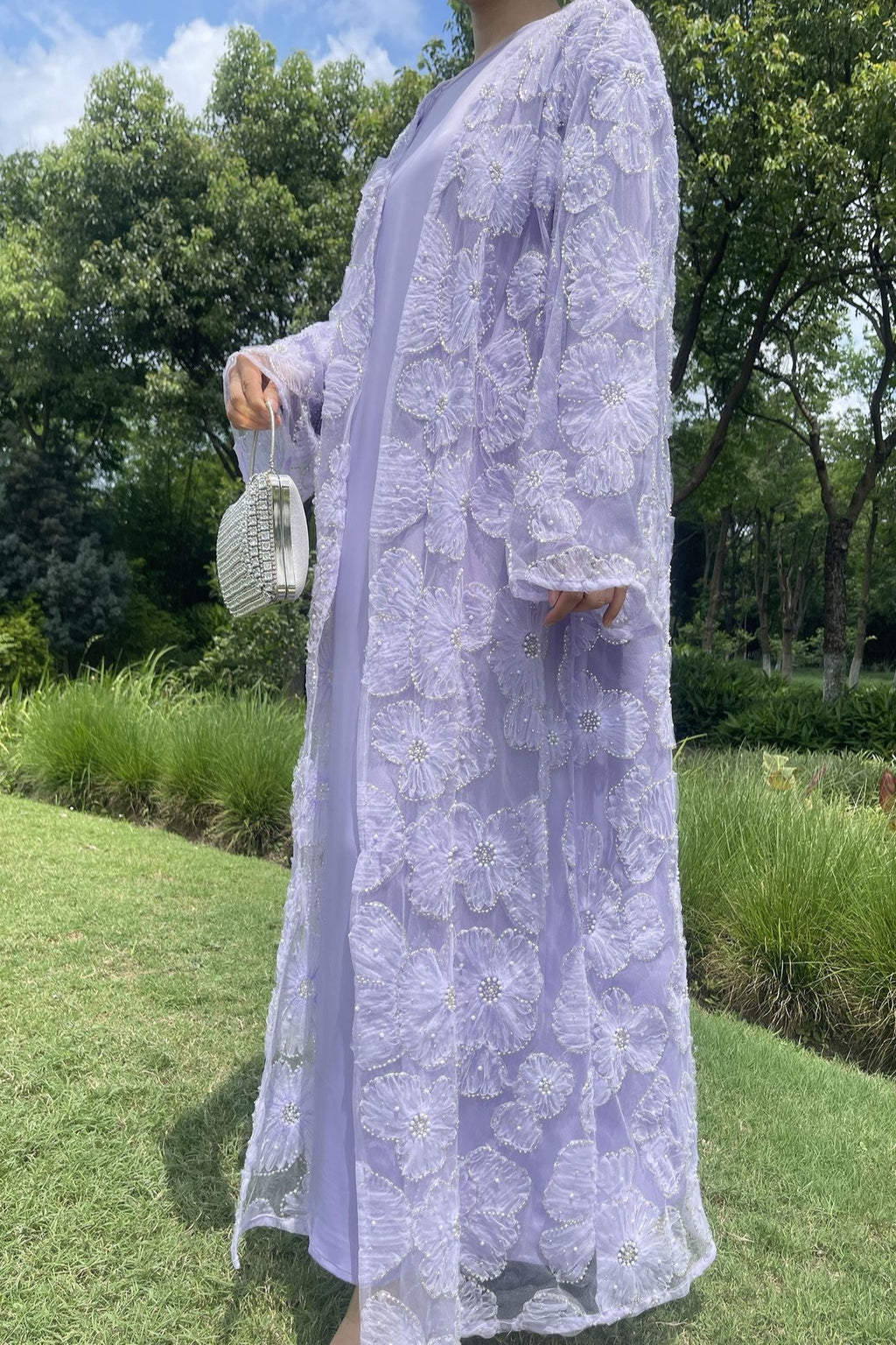 Hand-Beaded Floral Mesh Abaya Two-Piece Set-Purple