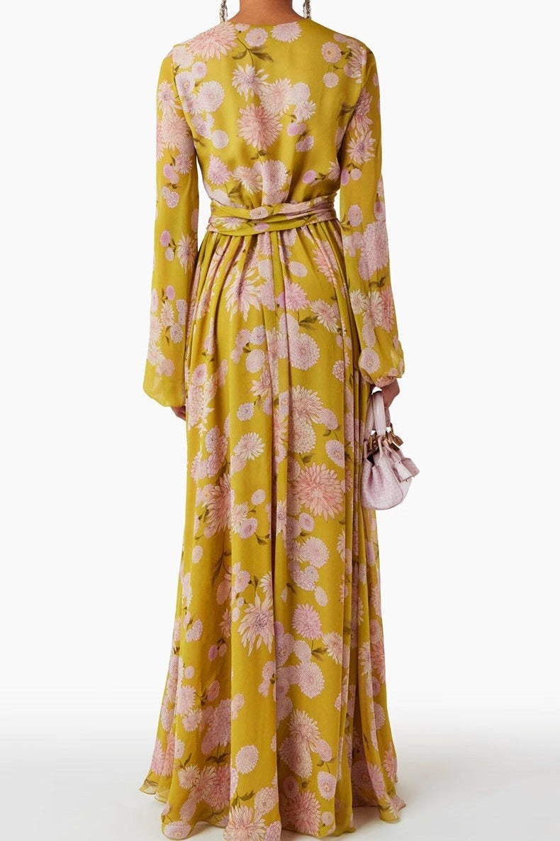 Vibrant Sunny-Day Floral Print Cinched-Waist Modest Maxi Dress