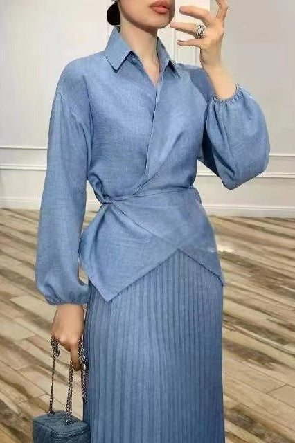 Chic Sculptural Pleats Spring Set-Blue