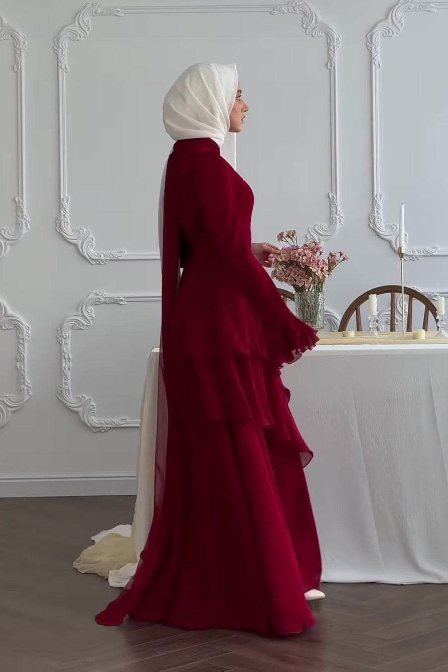 Burgundy Tiered Chiffon Modest Maxi Dress