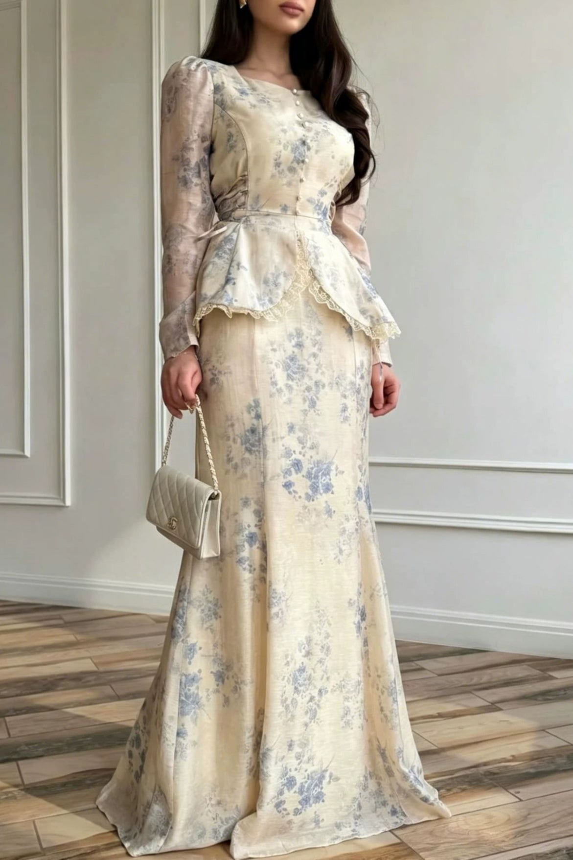 Floral Texture Peplum Pearl Button Dress
