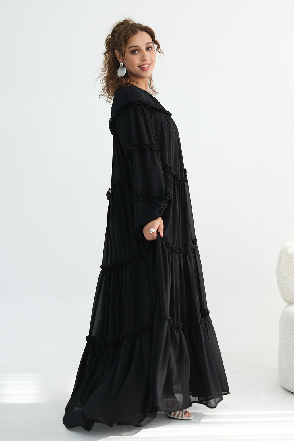 Tiered Ruffle Chiffon Maxi Dress-Black