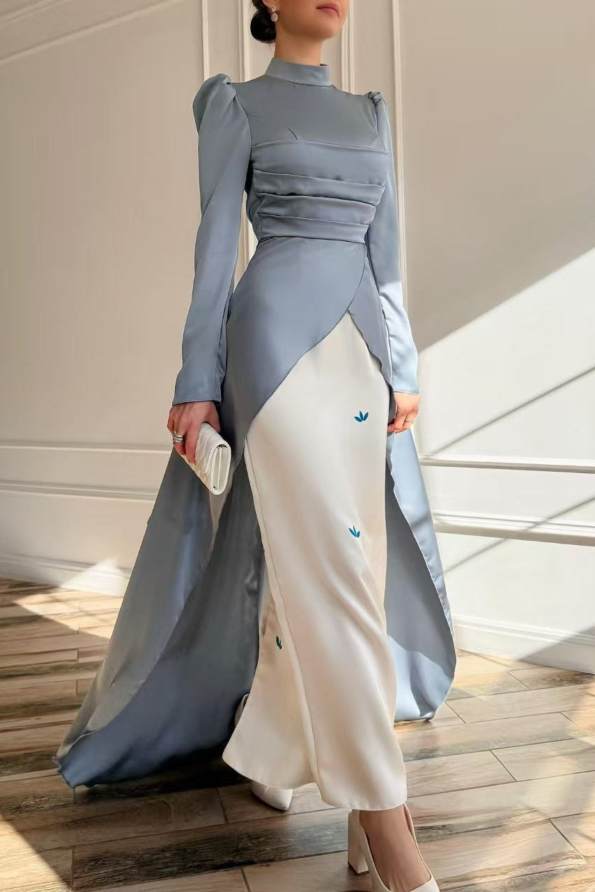 High-End Deconstructed Satin Gown with Embroidered Inner Layer-Blue