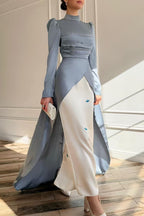 High-End Deconstructed Satin Gown with Embroidered Inner Layer-Blue