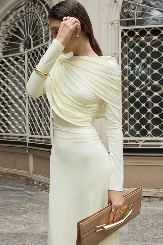 Draped Long-Sleeve Maxi Dress-White