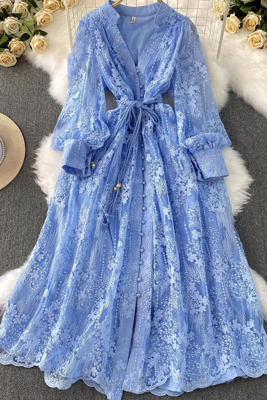 Elena Lace Embroidered Buttoned Maxi Dress-Blue