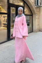 Mandarin Collar Knot-Button Modest Two-Piece Co-Ord Set-Pink