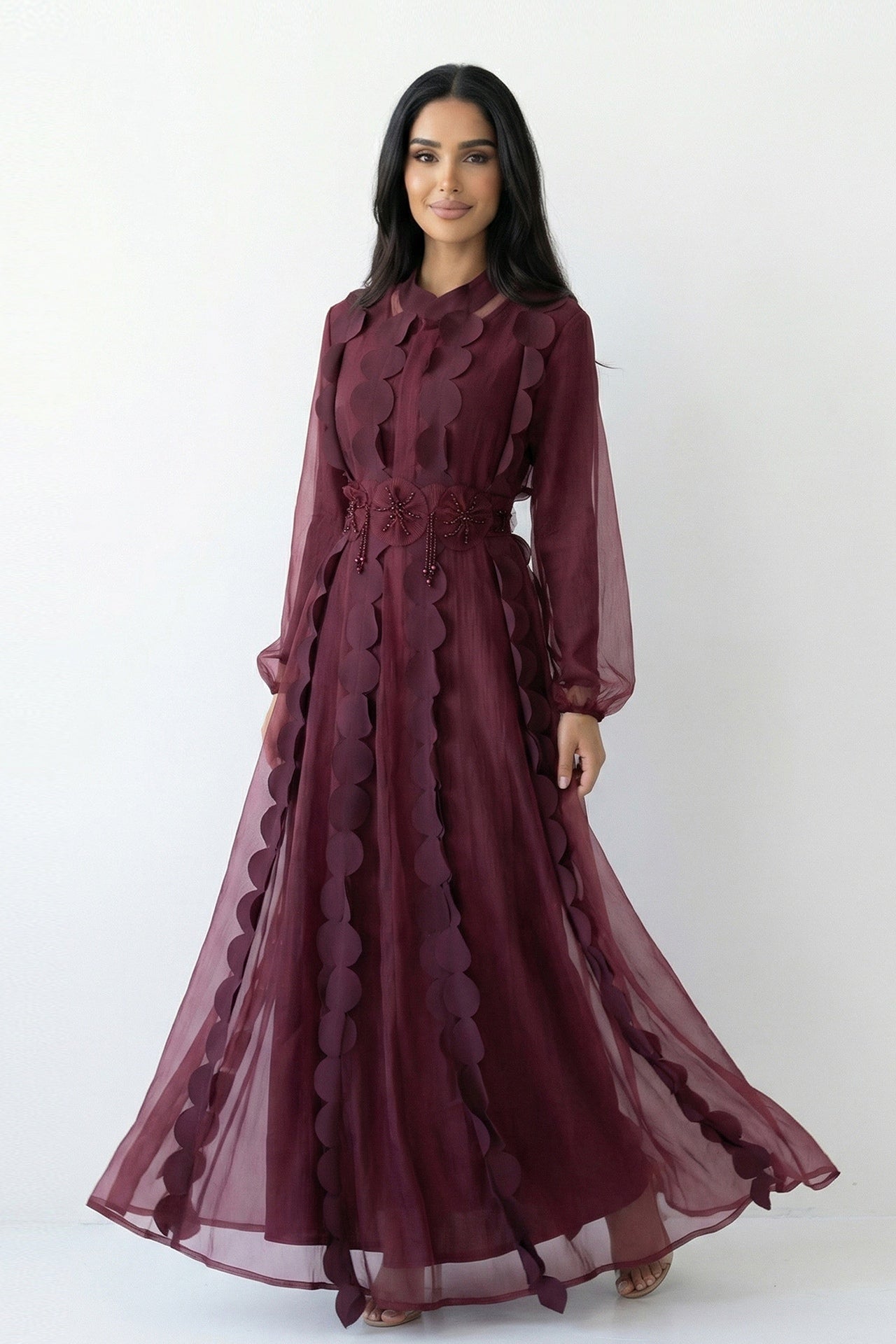 2-Piece Textured Circle Patchwork Abaya Set-Wine