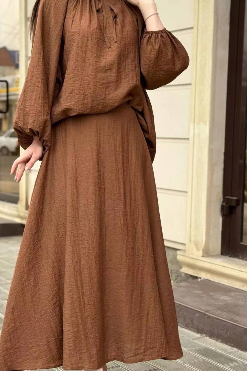 Elegant Two-Piece Crinkle Crepe Modest Set-Brown