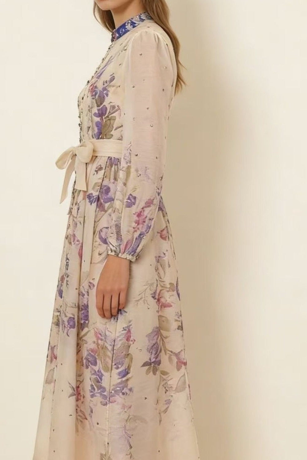 Royal Purple Floral Print Crystal-Embellished Full-Sweep Maxi Dress