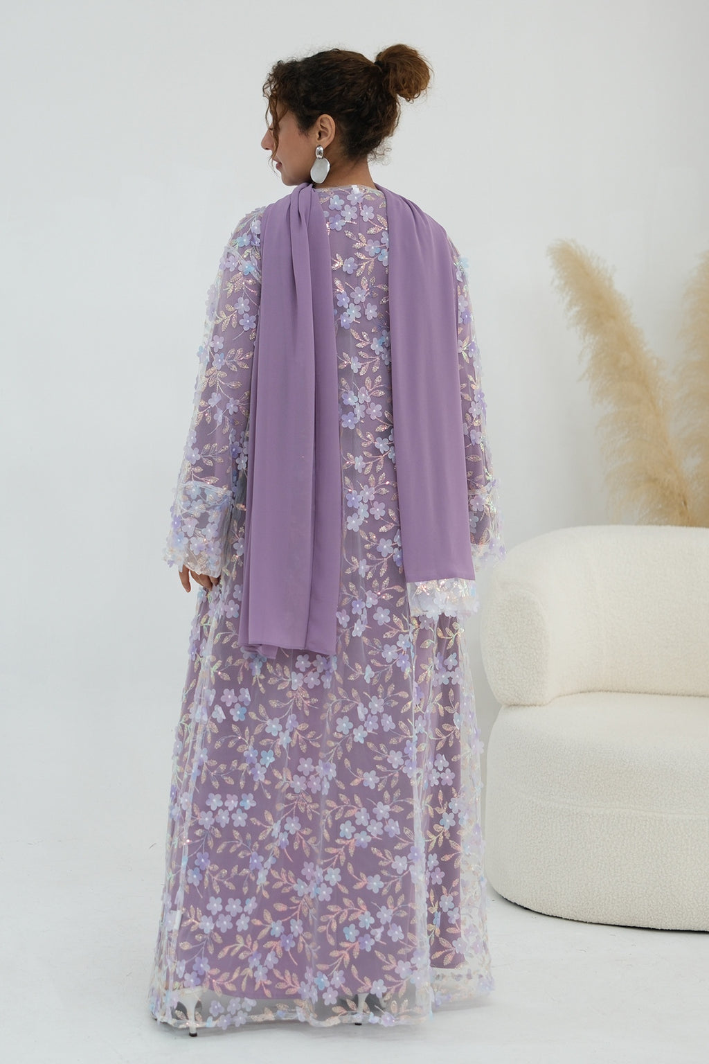 Hand-Beaded Floral Open Abaya Three-Piece Set with Matching Inner Dress & Hijab-Purple