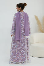 Hand-Beaded Floral Open Abaya Three-Piece Set with Matching Inner Dress & Hijab-Purple