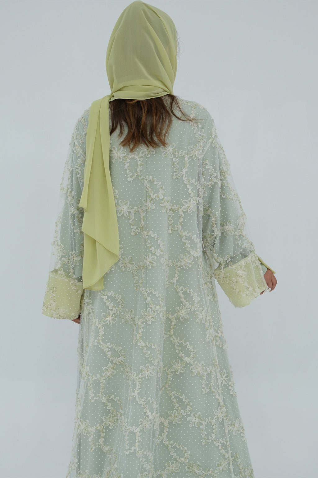 Floral Bloom Sheer Mesh Open Abaya-Green