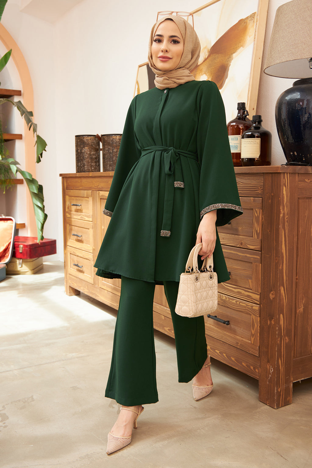Glistening Rhinestone Modest Top & Flared Pant Set-Green