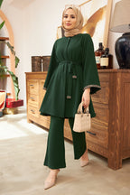 Glistening Rhinestone Modest Top & Flared Pant Set-Green