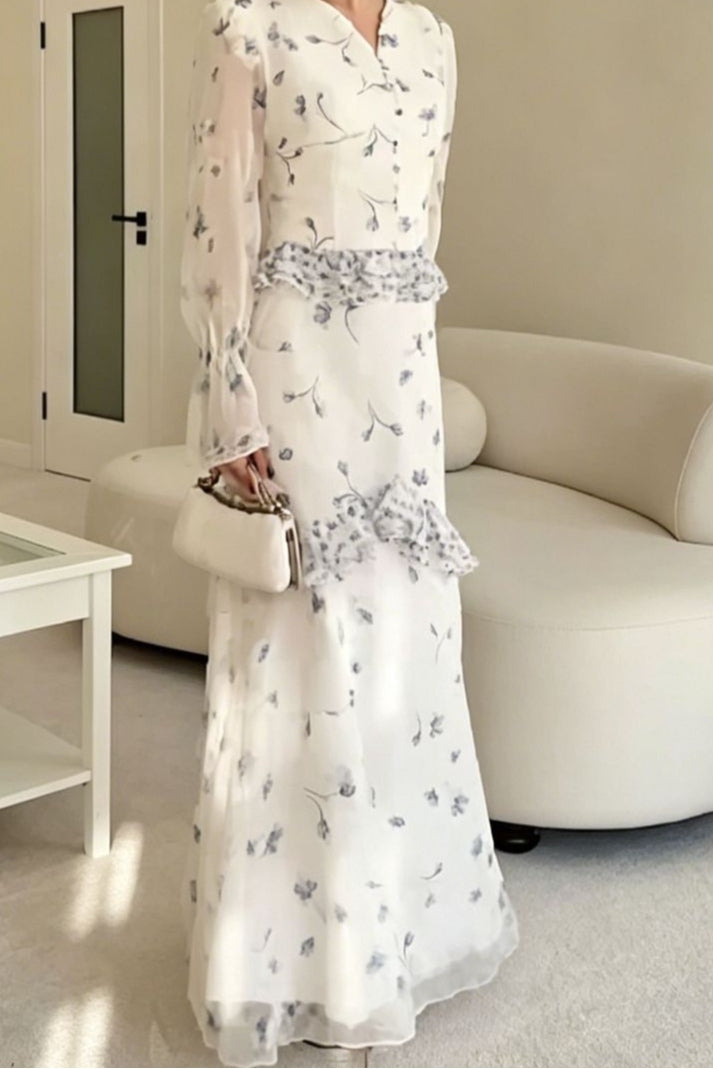 Sage Ink Floral Ruffle Mermaid Dress