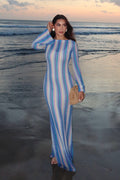 Liora Striped Knit Flare Maxi Dress-Blue
