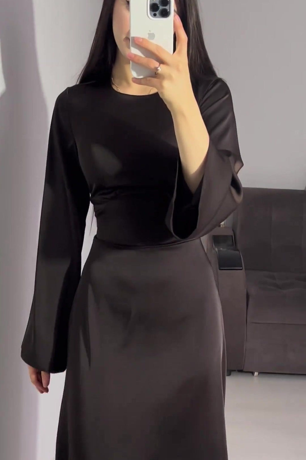 Solid Color Cinched Tie-Waist Slimming Long Sleeve Maxi Dress-Brown