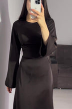Solid Color Cinched Tie-Waist Slimming Long Sleeve Maxi Dress-Brown